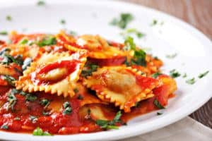 Ravioli in tomato sauce.