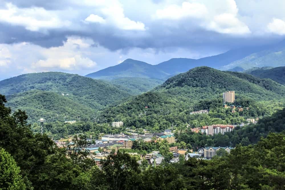 Stunning photo of downtown Gatlinburg surrounded by the mountains.